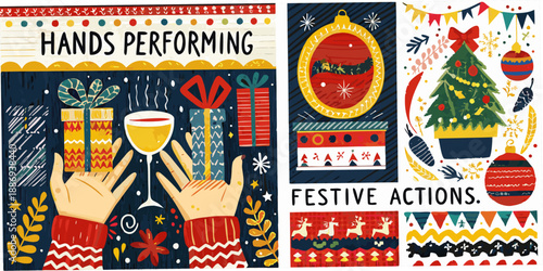 Holiday celebrations with hands performing festive actions and christmas decorations