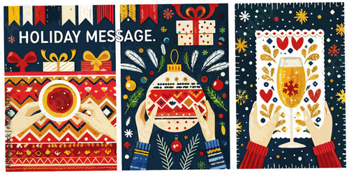Festive holiday card designs with winter themes and cheerful illustrations