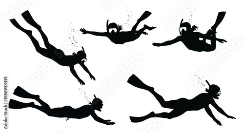 Divers in various poses and actions underwater, viewed from different angles, showcasing snorkeling and diving activities in a graphic illustration.