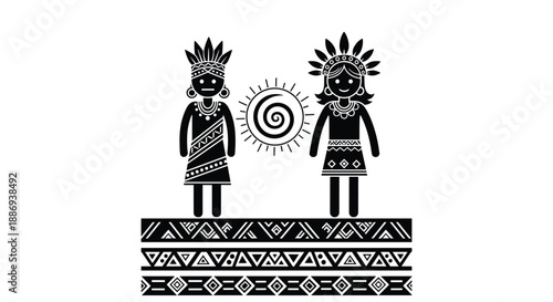 Black and white tribal art featuring two stylized indigenous figures, a spiral sun, and geometric ethnic pattern borders.