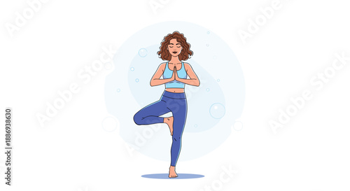 Serene woman with curly brown hair practicing yoga in the tree pose, illustrated against a calm blue circular background.