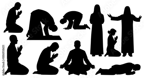 Various people praying in different postures and positions, silhouetted figures, spiritual moments captured in simple illustration