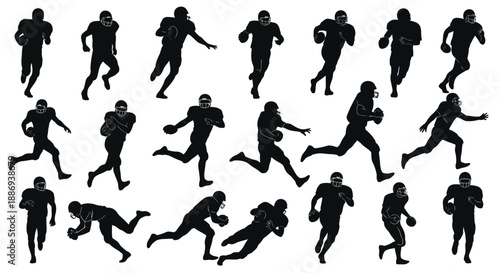 Dynamic Silhouettes of Rugby Players in Action on a White Background from Various Angles