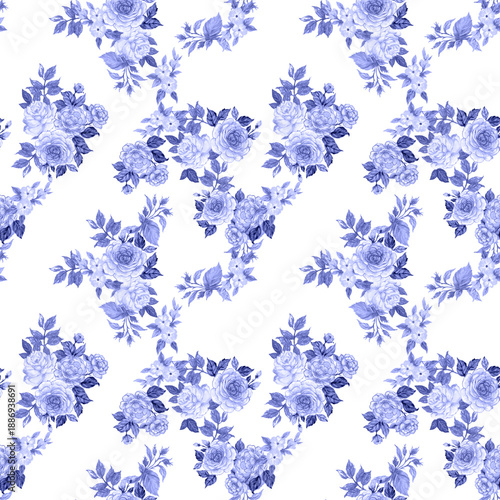 Toile de Jouy Floral Blue Chinoiseries Print Design Seamless Pattern Vintage Charm Rose bouquet Baroque beautiful classic traditional Fabric