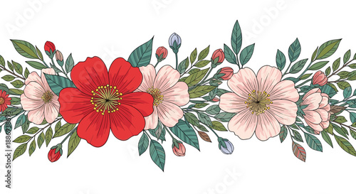 Elegant seamless floral border with hand-drawn red and pink flowers, buds, and green leaves in a vintage botanical style.