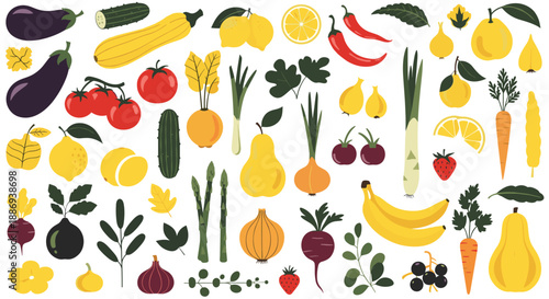 Large, colorful collection of various stylized fruits and vegetables, including bananas, carrots, and tomatoes for healthy food designs.