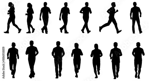 Various people walking and running in different poses and directions in a graphic illustration