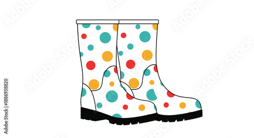 Stylish pair of white rain boots decorated with a fun and colorful red, yellow, and teal polka dot pattern.