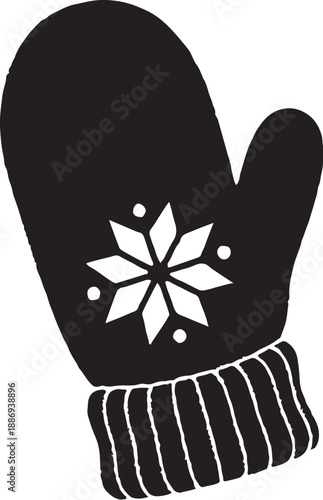 Black Mitten with Snowflake Design, Winter Vector Illustration Isolated on White