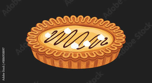 Delicious-looking dessert tart with a fluted crust, creamy filling, whipped cream dollops, and a chocolate drizzle on top.