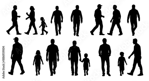Silhouettes of people walking alone or with children in various poses and directions, vector illustration