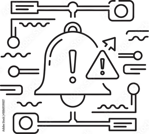 Warning alert system notification icon with exclamation mark and symbols, modern line art style for digital interface or website