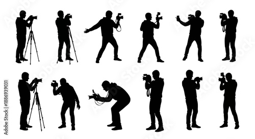 Collection of photographers in various poses with cameras and tripods, captured from multiple viewpoints