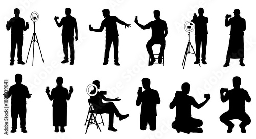 Diverse people engaging in various actions and poses with different equipment in multiple settings and viewpoints as illustrated silhouettes
