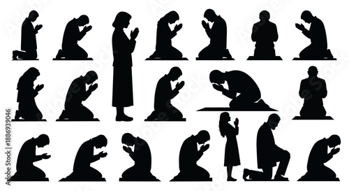 Collection of silhouetted people praying in various postures and kneeling positions, set against a clean background, viewed from the side