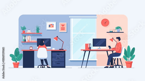 Two people working at desks in a bright, modern home office