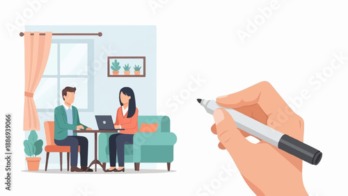 Two people working at a laptop in a room, while a hand holds a marker