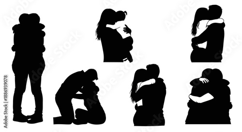 Silhouettes of people in various emotional states and poses, illustrating human connection and intimacy from different viewpoints.