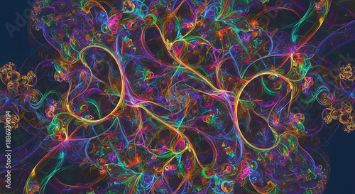 A vibrant and intricate abstract artwork with colorful swirling patterns