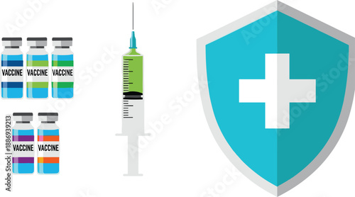 Medical vaccine vials and syringe next to a protective health shield cad drawing flat vector illustration isolated on white background