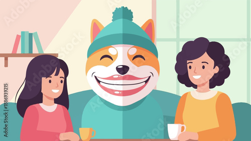 Two women and a smiling dog in winter hats enjoy drinks