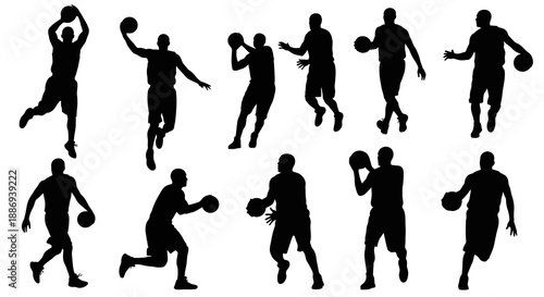 Collection of Basketball Players in Action Poses Silhouetted against a Plain Background