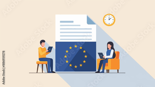 Two people work on laptops near a document with EU flag and clock