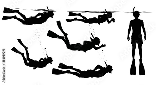 Group of scuba divers and person standing together in water, viewed from the side