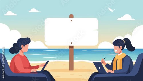 Two people work on laptops on a beach with a blank signpost in the background