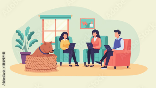 Two women and a man work on laptops in a living room with a dog