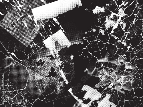 Glitch distorted grungy overlay  grange texture. Textured and glitched technology background. Screen print effect .Vector overlay background with a halftone dots screen print texture.