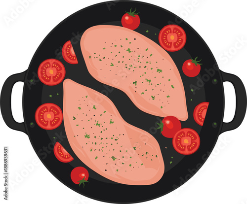 Top View of Raw Chicken Breast Fillets with Seasoning and Cherry Tomatoes in Black Cooking Pan for Healthy Meal Preparation and Recipe Blog Illustrations
