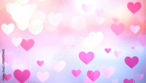Soft focus pink and white hearts gently float against a blurred, luminous background