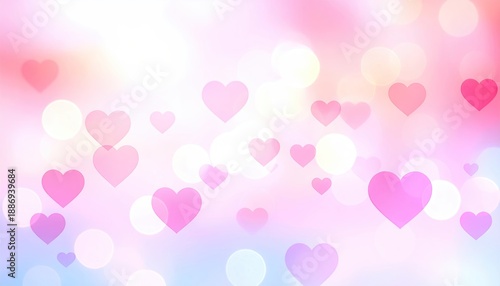 Soft pink and blue bokeh with scattered hearts, dreamy