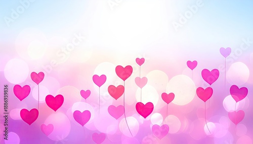 Pink and purple hearts float on a soft, bokeh-filled background