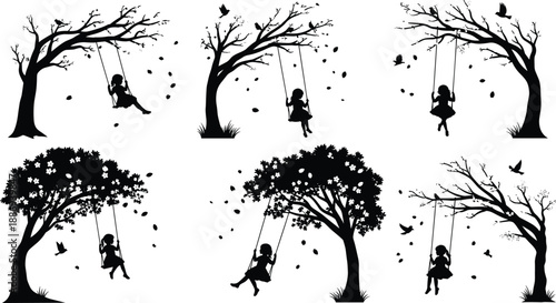 Silhouette of girl on swing under tree set, childhood memories in nature, windy autumn leaves falling, spring blossom garden, whimsical nostalgic vector illustration