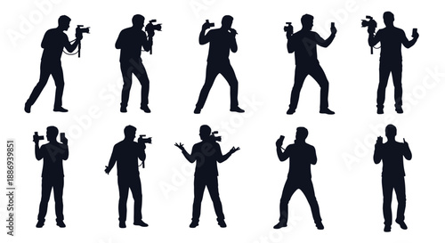 Collection of silhouetted people engaging in various activities with guns from different viewpoints