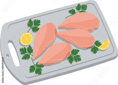 Fresh Raw Chicken Breast Fillets on Plastic Cutting Board with Parsley and Lemon Slices for Healthy Cooking, Diet Meal Prep, and Culinary Recipe Illustrations