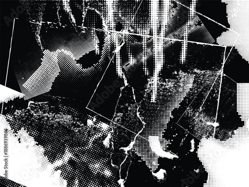 Glitch distorted grungy overlay  grange texture. Textured and glitched technology background. Screen print effect .Vector overlay background with a halftone dots screen print texture.