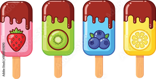 Colorful Fruit Popsicle Collection Featuring Strawberry Kiwi Blueberry and Lemon Ice Cream Bars with Chocolate Glaze cad drawing flat vector illustration