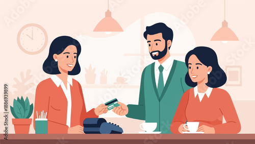 Two women and a man interact at a counter with a credit card payment