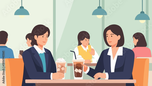 Two women in business attire sit at a cafe table, enjoying iced beverages