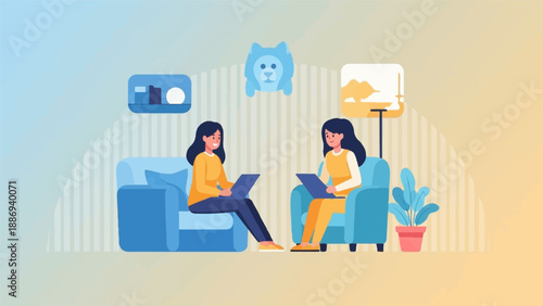 Two women in comfortable chairs on laptops in a home office setting