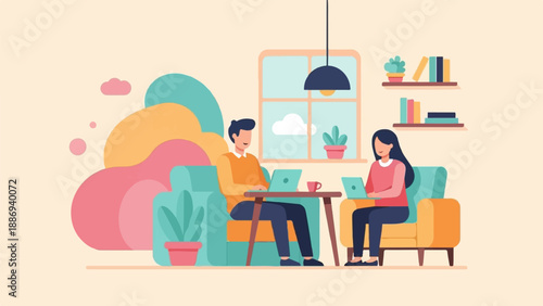 Two people working on laptops in a cozy room with plants