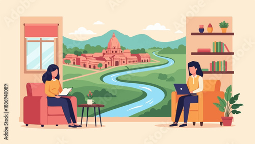 Two women relax indoors, with a scenic landscape view through the window