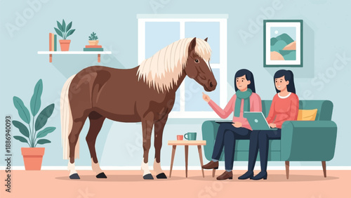 Two women and a horse in a room with plants, sofa, and framed art