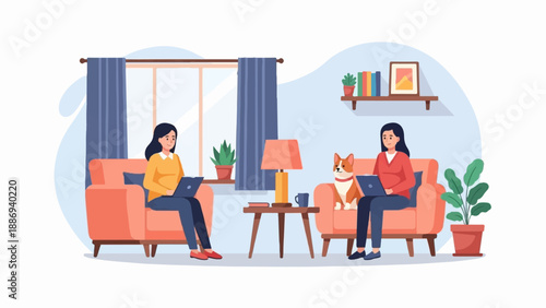 Two women and a dog work on laptops in a cozy living room