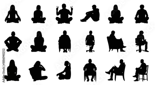 Collection of people silhouettes in various yoga and meditation poses on chairs and floor