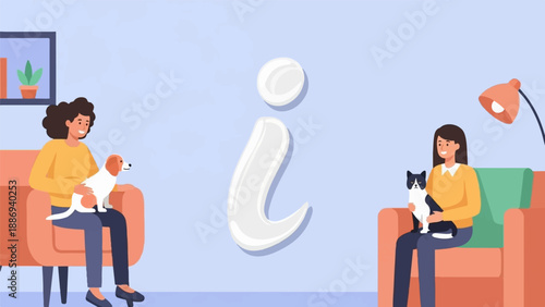 Two women relax indoors with their pets, a large white 'i' symbol floats centrally