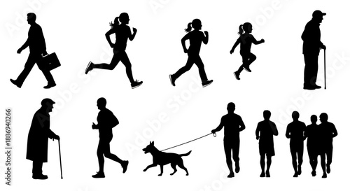 People engaging in various activities and walking silhouettes illustration